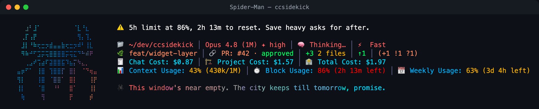 ccsidekick cycling through its character packs, each a rendered status line in its own theme